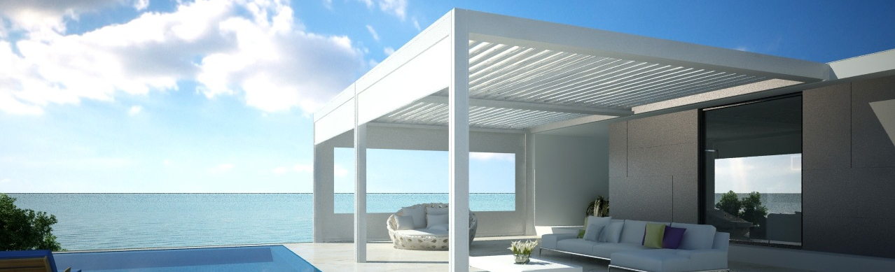 Superbe pergola bioclimatique blanche, avec stores zip intégrés