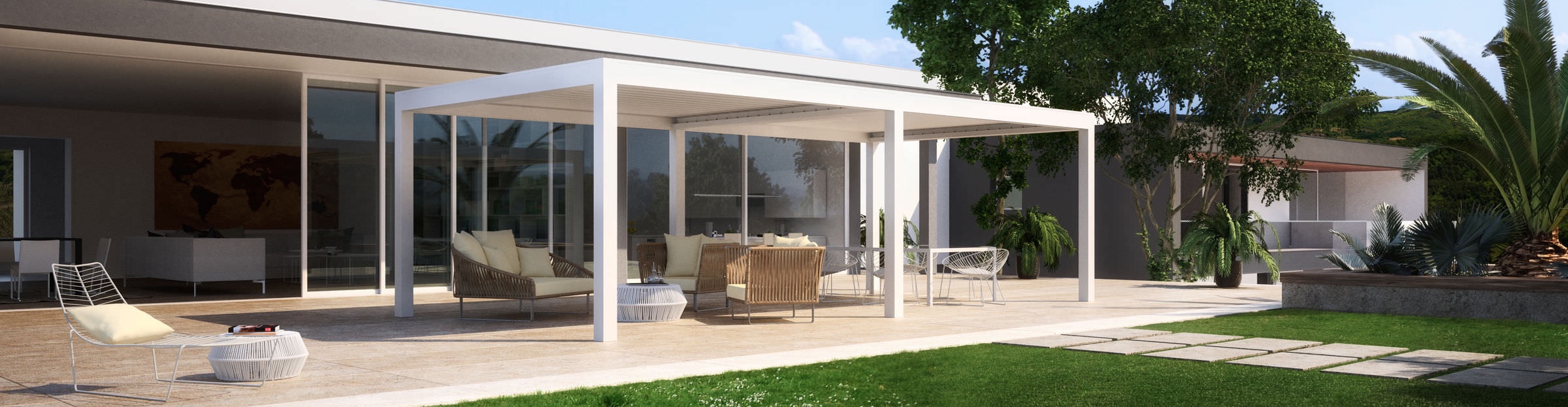 Pergola bioclimatique alu sur grande terrasse, salon de jardin