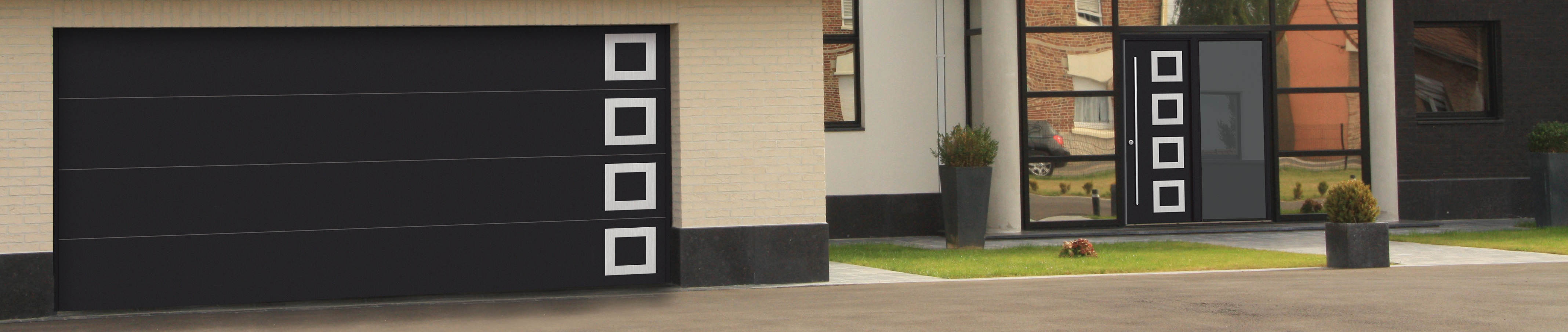Porte de garage moderne sur maison contemporaine, couleur ral 7016